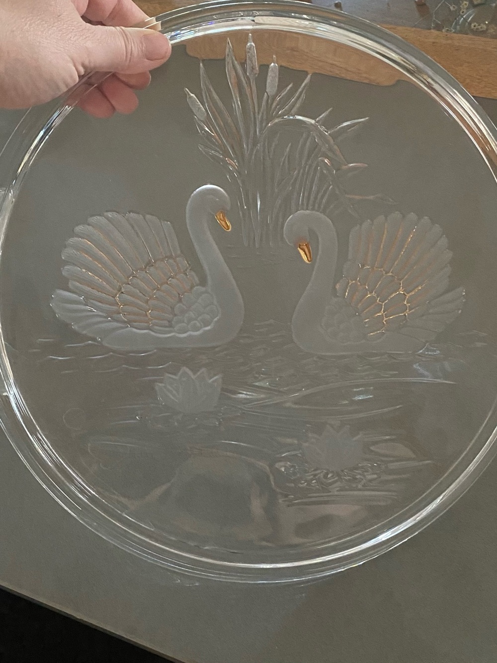 Mikasa Walther crystal serving platter frosted glass swans cattails Cake Plate